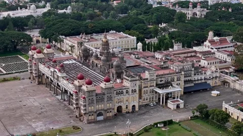 Drone view of Mysore Palace or Amba Vilas historic royal residence amidst t.. Video stock 330989111