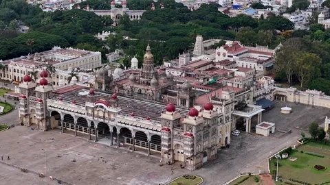 Drone view of Mysore Palace or Amba Vilas historic royal residence amidst t.. Video stock 330989204