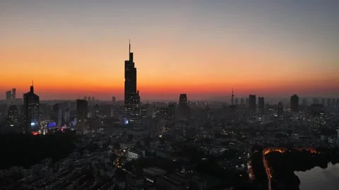 Drone view of Nanjing skyline and Xuanwu Lake at sunset Stock Footage 340216711