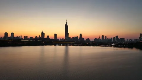 Drone view of Nanjing skyline and Xuanwu Lake at sunset Stock Footage 340216717