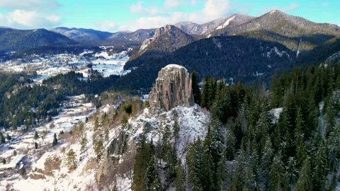 Drone view at "Nevyastata" (The Bride) rocks above Smolyan city in the Rhodopean Stock Footage 242918366