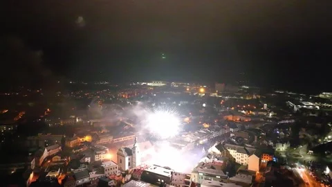 Drone view of New Year's celebration with beautiful firecrackers exploding Stock Footage 260794728