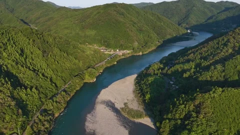 Drone View of Niyodo River Winding Through Kochi Forests Stock-Footage 342254847