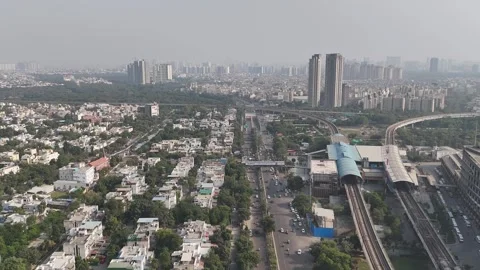 Drone view of Noida’s developing business district featuring modern buildings Stock Footage 323153367