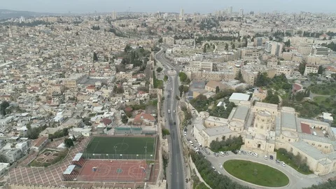 Drone view of north side Old City Jerusalem during COVID-19 lockdown. File1-05 Video stock 128139272