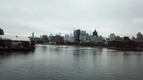 Drone view of NYC skyline from Queens side East River Video stock 106453632