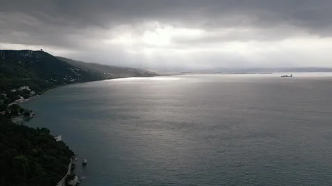 Drone view o the coast of Trieste during a rain storm Stock Footage 280001006
