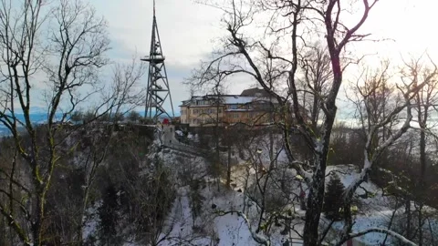 Drone view from observation tower Uetliberg at hazy late afternoon in winter. Stock Footage 231154720