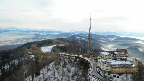 Drone view of observation tower Uetliberg and visitor at late afternoon in .. Stock Footage 231231666