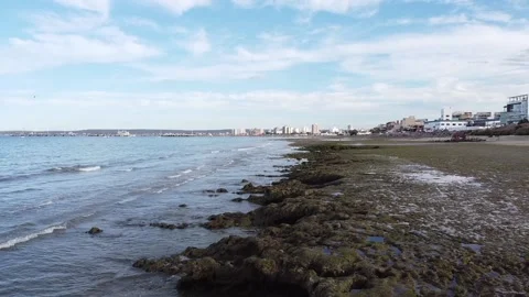 Drone view of ocean coast of eroded volcanic rock covered with puddles and algae Stock Footage 186107638