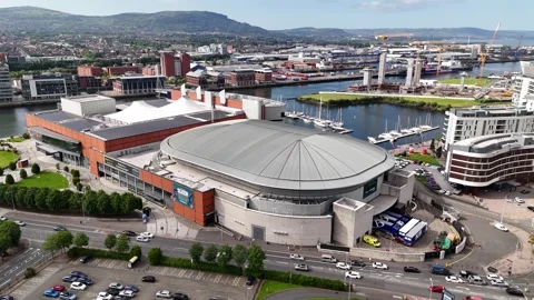 Drone view of Odyssey Place, an entertainment hub in Belfast, Northern Ireland Stock Footage 292632897
