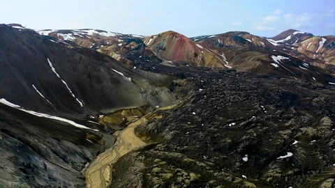 Drone view of old black lava rivers in Landmannalaugar. Stock Footage 295997424
