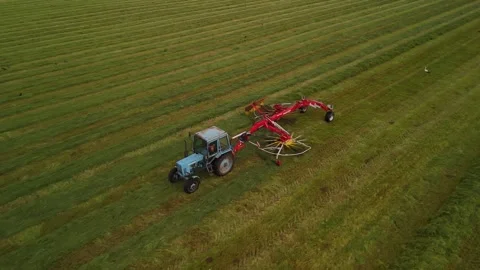 Drone View of an Old Blue Tractor Pulling a Hay Tedder Across a Field Stock Footage 345012770