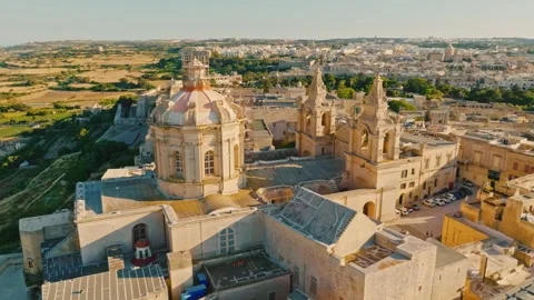 Drone view of old capital of Malta - Mdina city, church Stock Footage 335689603