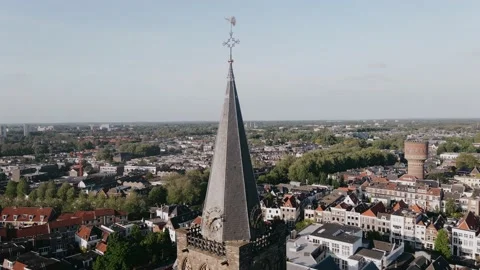 Drone view of old clock tower in modern European city in summer Vídeo Stock 196837284