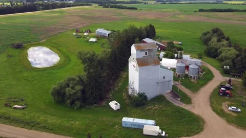 Drone view of an old grain elevator near the village of Bon Accord, Alberta, Can Stock Footage 245831454
