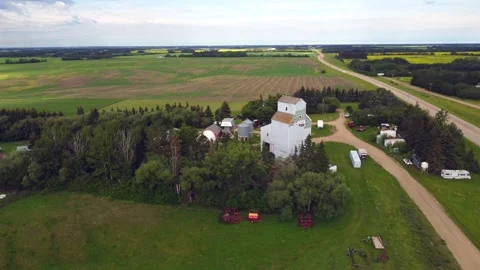 Drone view of an old grain elevator near the village of Bon Accord, Alberta, Can Stock Footage 245831485