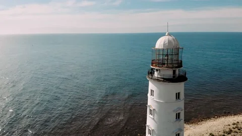 Drone view of the old lighthouse by the sea. Maritime Navigation. Stock Footage 162976635
