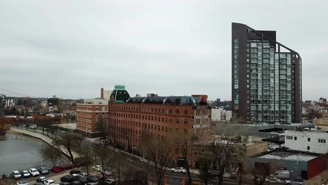 Drone view of old Long Island City building  Stock Footage 106414485