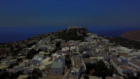 Drone view of old town and Patmos monastery on Patmos island Greece Stock Footage 114389942