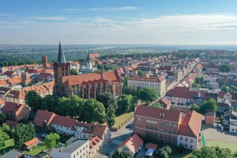 Drone view of an Old Town with gothic church in the foreground Fotos de archivo