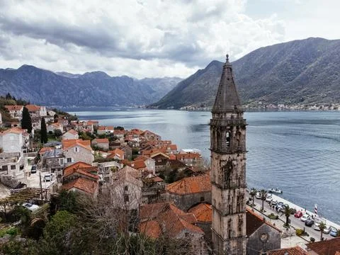 Drone view of the old town of Perast in the bay of Kotor, Montenegro. Stock Photos