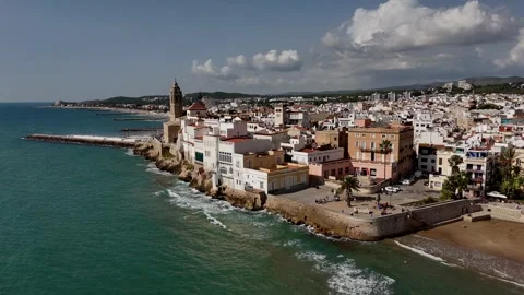 Drone view of old town of Sitges from sea, Spain. Stock Footage 319944444