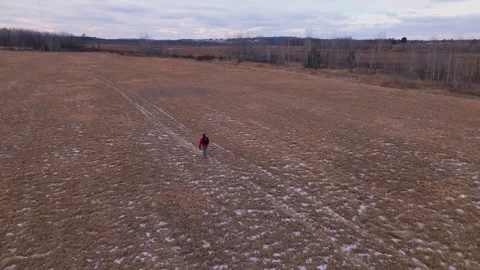 Drone view of older man walking across hayfield Stock Footage 299043781