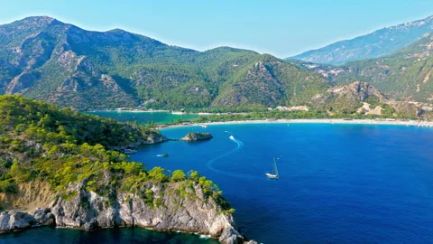 Drone view of Oludeniz Beach, Turkey coast and cliffs. Stock Footage 334265565