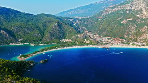 Drone view of Oludeniz Blue Lagoon, Turkey coastline. Stock Footage 334265403
