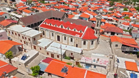 Drone view of Omodos village centre in Cyprus. Stock Footage 341590616