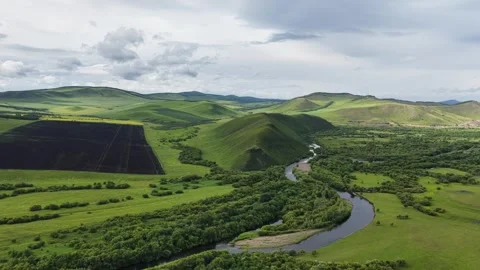 Drone View of Open Grassland Landscape in Ergun Inner Mongolia China Stock Footage 341641906