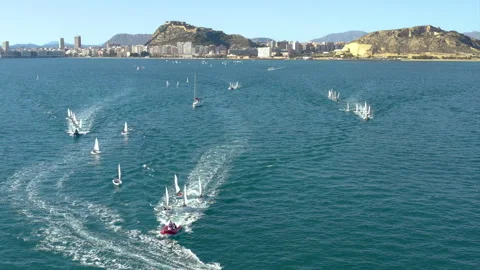 Drone view of Optimist sailboats type in regatta in Alicante bay, Spain. Stock Footage 325831407