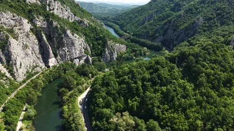 Drone View of Ovcar Kablar Gorge and West Morava River, Serbia on Sunny Day Stock Footage 346897873