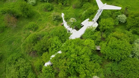 Drone view over an abandoned Tu-134 aircraft near the city of Rzgrad Stock Footage 256037255