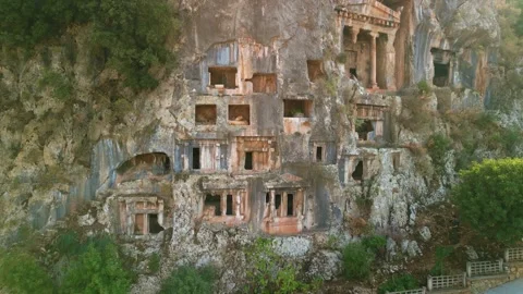 Drone view over Amyntas Rock Tombs at ancient Telmessos,in Lycia,Fethiye,Turkey Stock Footage 231239922