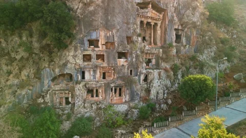 Drone view over Amyntas Rock Tombs at ancient Telmessos,in Lycia,Fethiye,Turkey Stock Footage 231239923