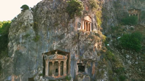 Drone view over Amyntas Rock Tombs at ancient Telmessos,in Lycia,Fethiye,Turkey Stock Footage 231239937