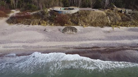 Drone View Over Baltic Water Reaching Klaipėda Military Ruins Historic Stock Footage 330231935