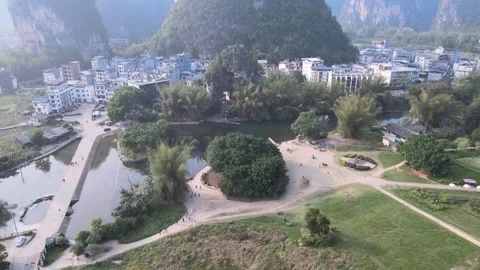 Drone View Over Banyan Tree Scenic Area in Yangshuo, Guilin, China 스톡 동영상 342017942