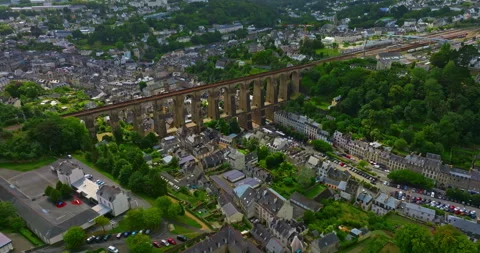 A drone view over bridge Morlaix. Aerial view of the city of Morlaix in France Stock Footage 304708946