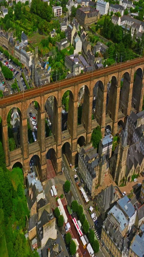 A drone view over bridge Morlaix. Aerial view of the city of Morlaix in Stock Footage 318001408