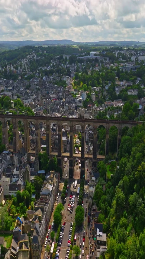 A drone view over bridge Morlaix. Aerial view of the city of Morlaix in Stock-Footage 318005232