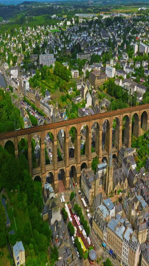 A drone view over bridge Morlaix. Aerial view of the city of Morlaix in Stockbeeldmateriaal 319938141