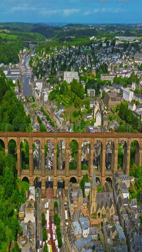 A drone view over bridge Morlaix. Aerial view of the city of Morlaix in Stock Footage 320892859