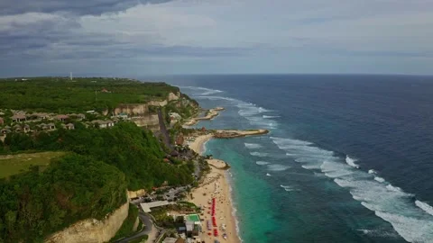 Drone view over the cliff and shore with beach, 2K Stock Footage 246100655