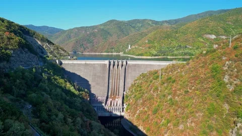 Drone view over the dam wall of Vacha Dam Stock Footage 256034240