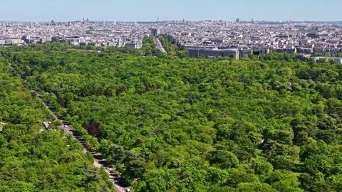 Drone view over dense green trees of Bois de Boulogne park towards distant Arc Stock Footage 337210094