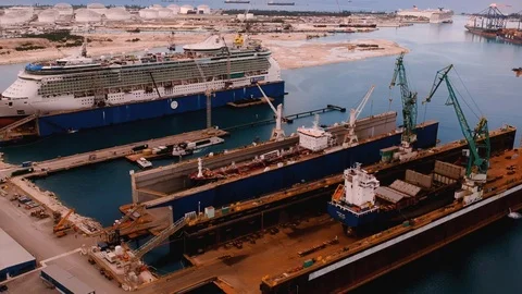 Drone View Over Grand Bahama Shipyard Dry Dock Facility, Bahamas Stock Footage 99019844