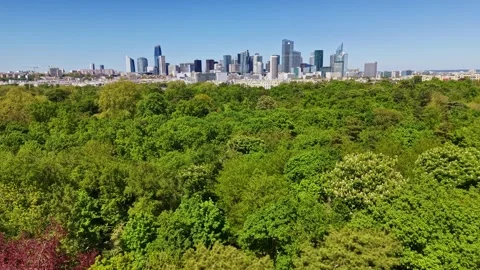 Drone view over green expanse of Bois de Boulogne parc ans modern skyscrapers Stock Footage 335965440